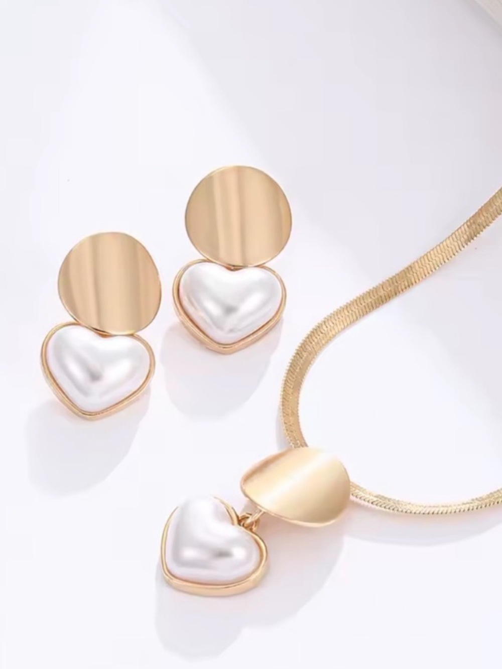 Gold Tone Necklace and Pearl Heart Earrings